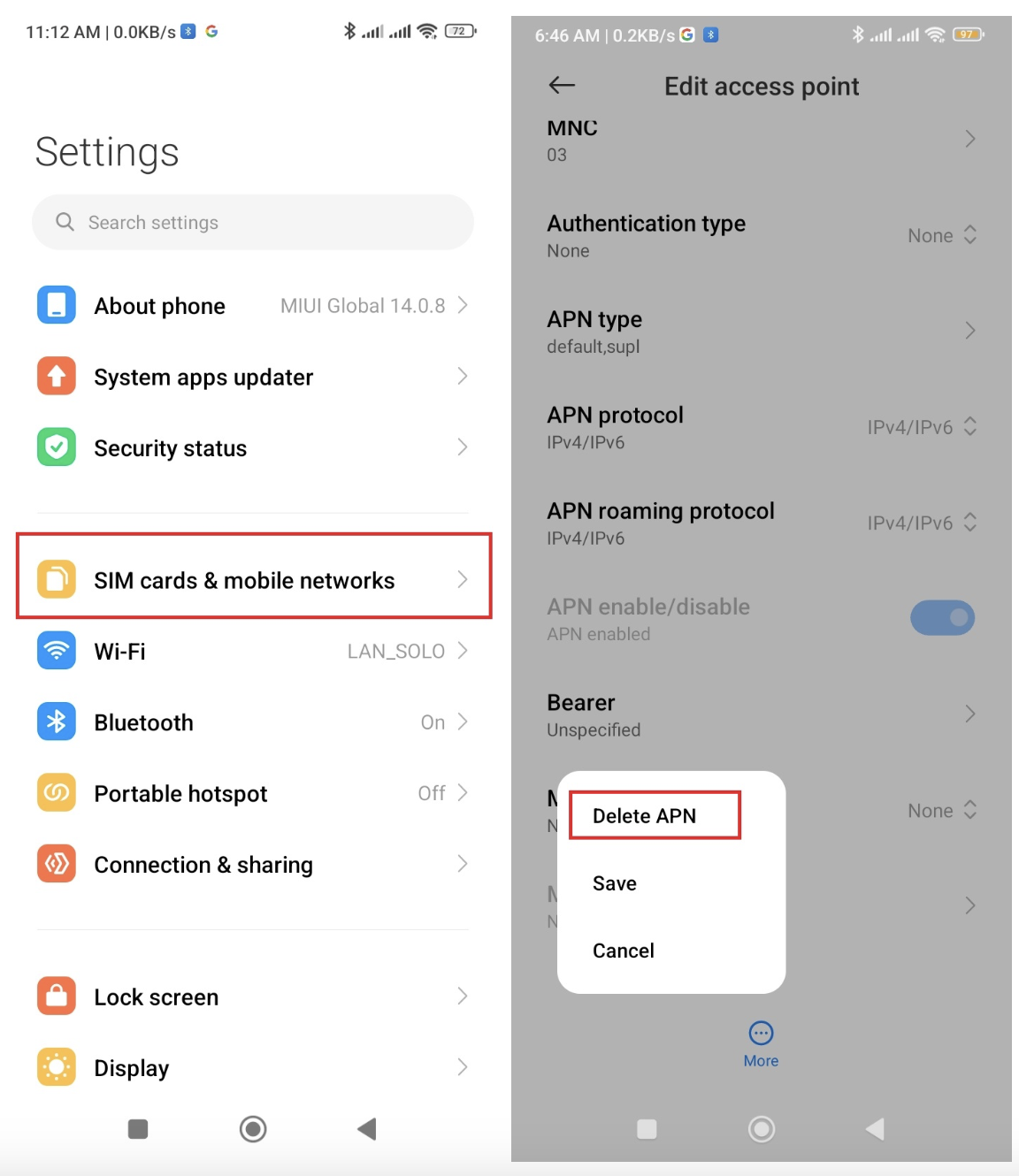 On your Android phone, select Delete APN or Reset to default